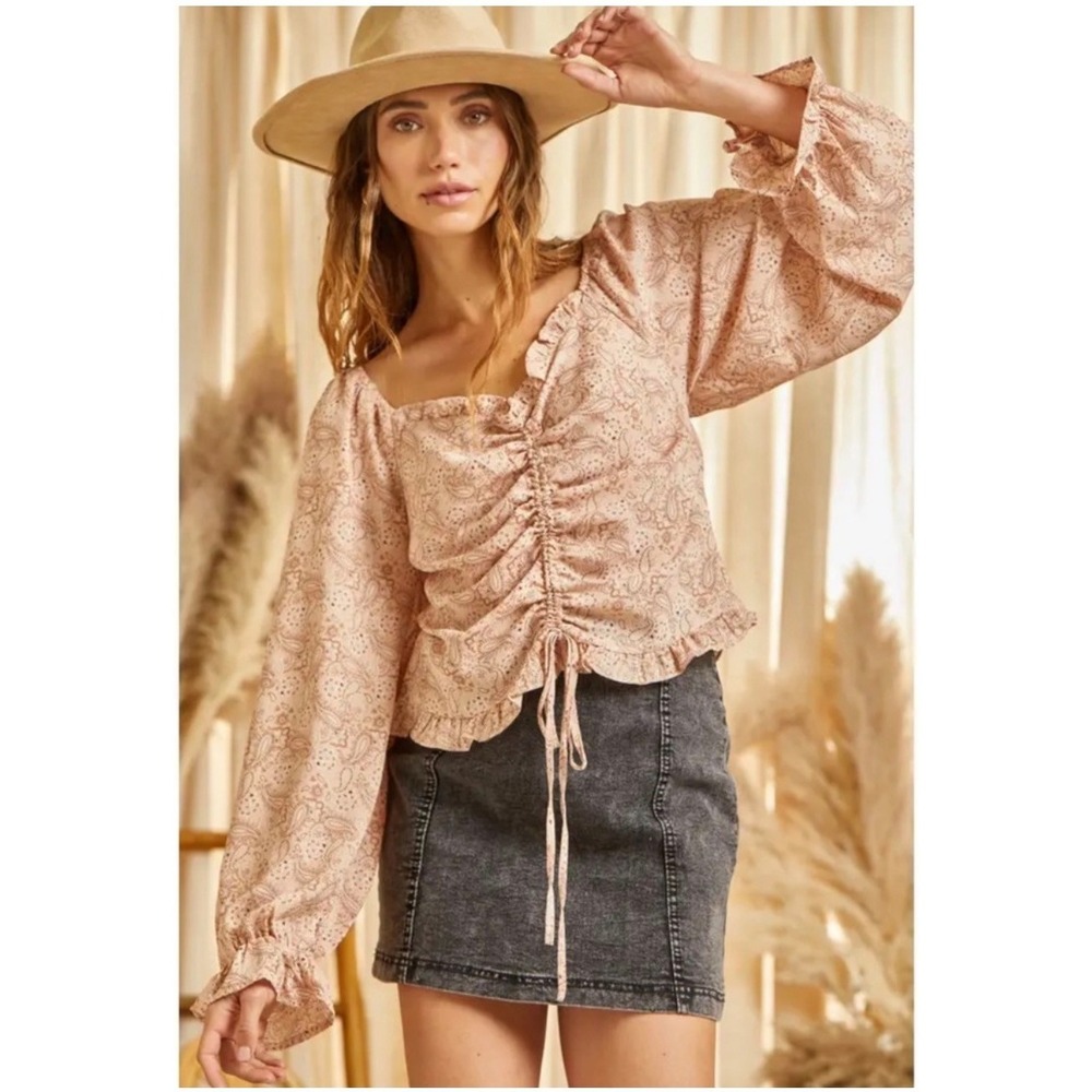 Savanna Jane Paisley Ruched Front Ruffle Blouse‎ Pink  Boho Balloon Sleeve NEW-L
